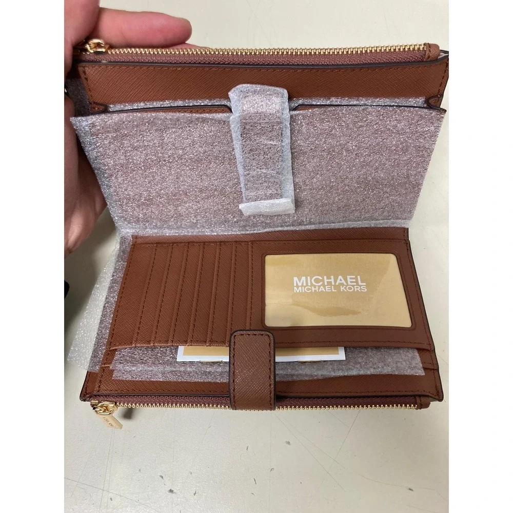 Michael Kors Double‎ Zip Wristlet Brown Leather 35F8GTVW0L Luggage NWT $258 FS - Picture 3 of 4